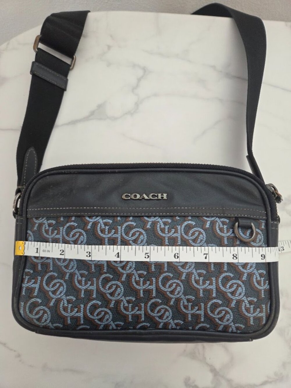 Unisex Vintage Coach Monogram Signature Crossbody Shoulder Bag Blue Black - Picture 15 of 16